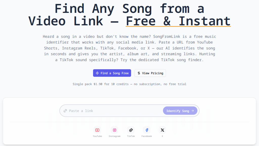 Screenshot von SongFromLink mit Eingabefeld zum Einfügen eines Video-Links und Buttons zur Song-Erkennung