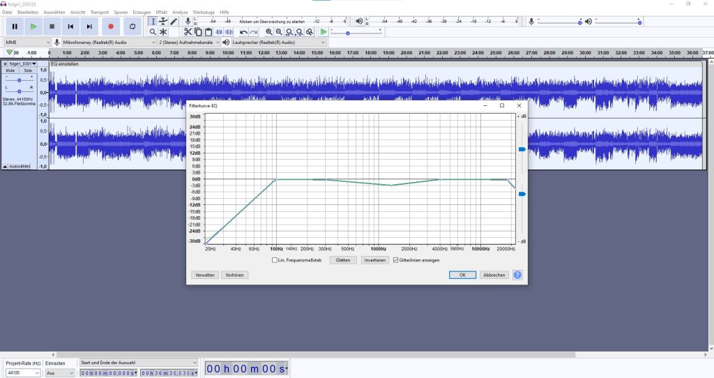 Zrzut ekranu ustawień korektora w Audacity. 