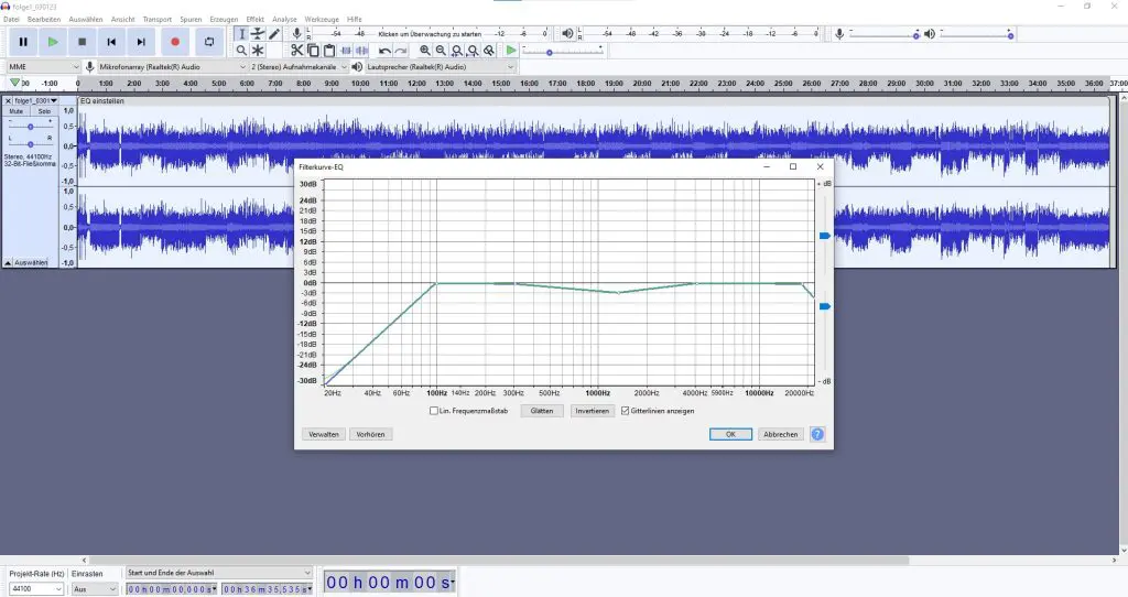 Zrzut ekranu ustawień korektora w Audacity.